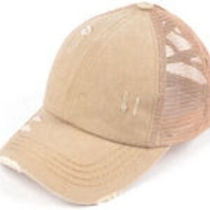 C.C. Washed Denim Criss Cross High Ponytail Cap - Khaki